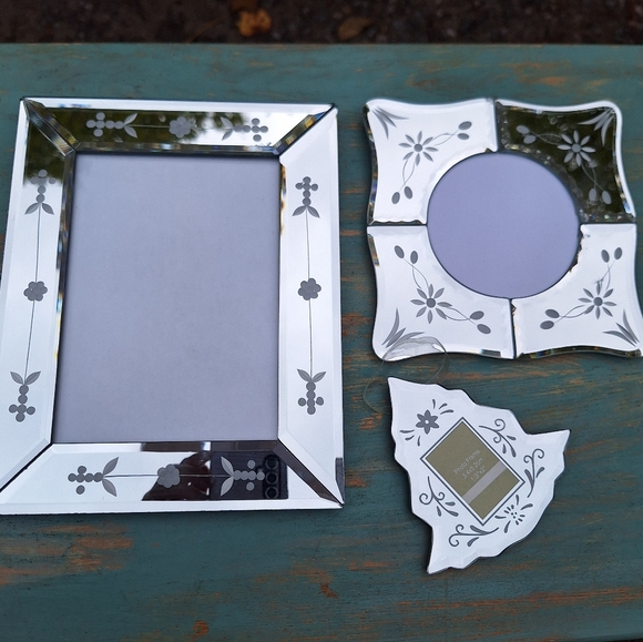 3 Mirror Frames Venetian Glass Beveled Edge Ornate Crystal Etched Flowers Tree - Picture 7 of 16